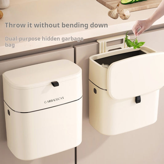 Cream-Colored Lidded Wall-Mounted Trash Can